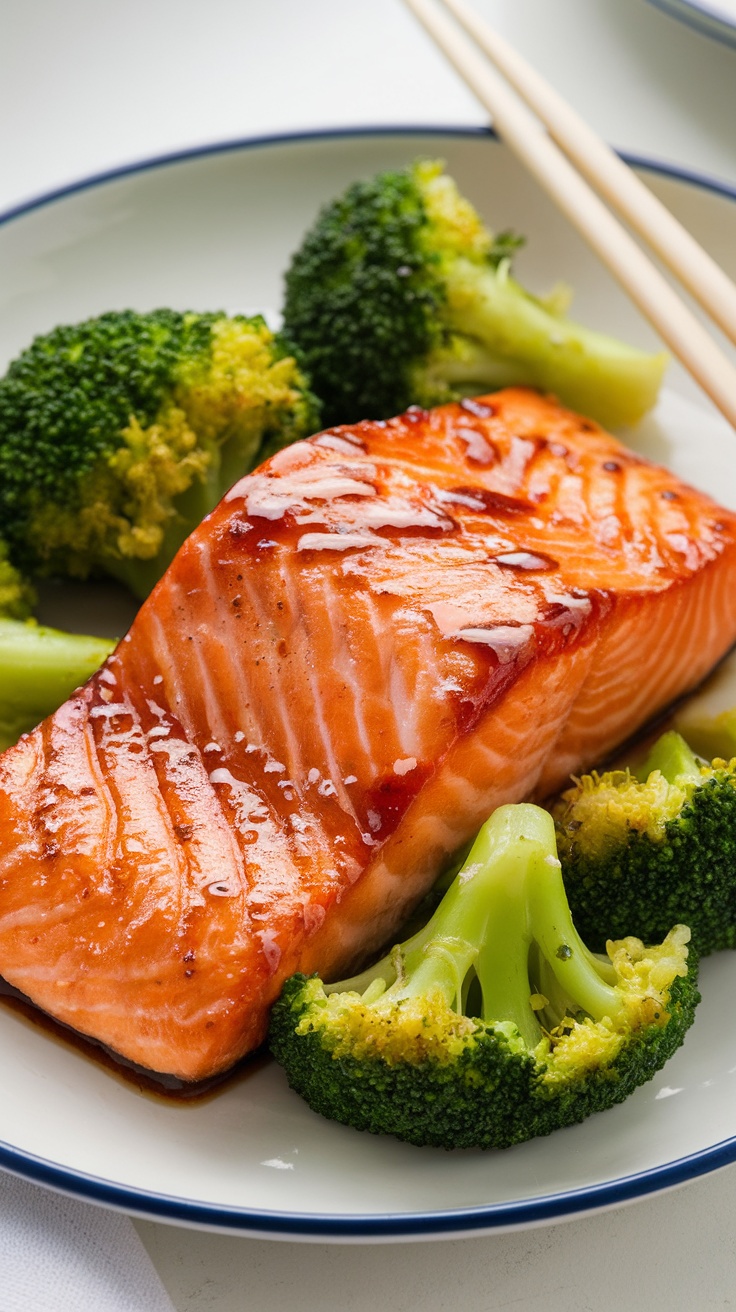 A beautifully plated teriyaki salmon fillet with broccoli on a white dish.