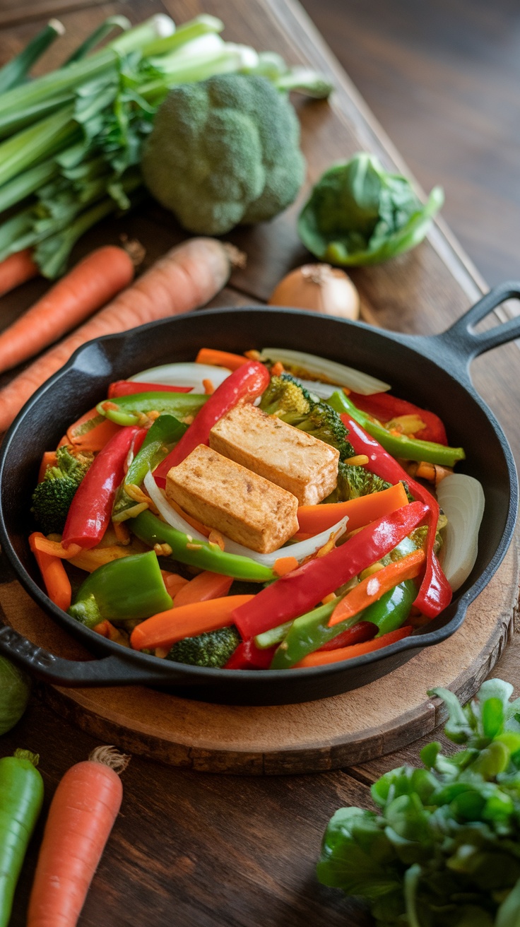 A colorful vegetable stir-fry with tofu in a cast iron pan surrounded by fresh vegetables.