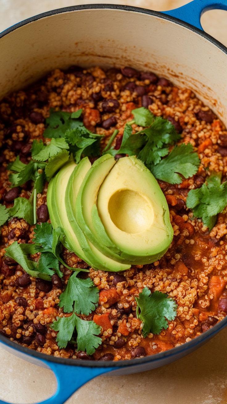 A pot of vegetarian quinoa and black bean chili topped with sliced avocado and fresh cilantro.