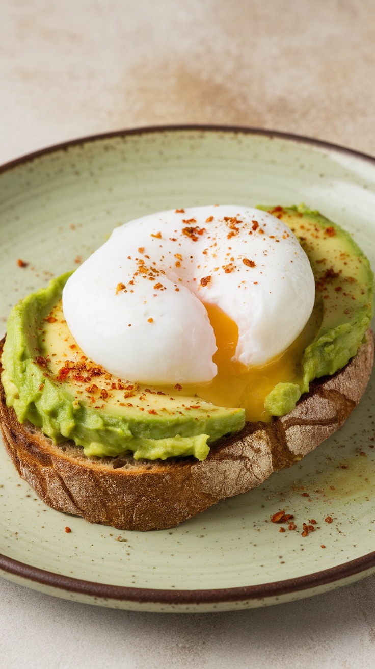 A slice of avocado toast topped with a poached egg and red chili flakes on a rustic wooden table.