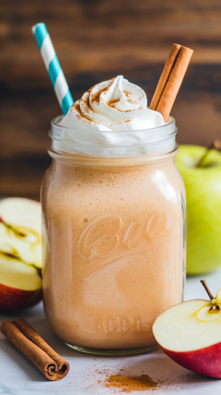 A glass of cinnamon apple smoothie with fresh apple slices and a cinnamon stick