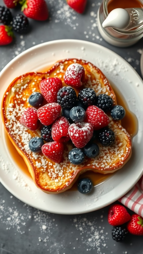 A plate of classic French toast topped with a variety of fresh berries and a light dusting of powdered sugar.