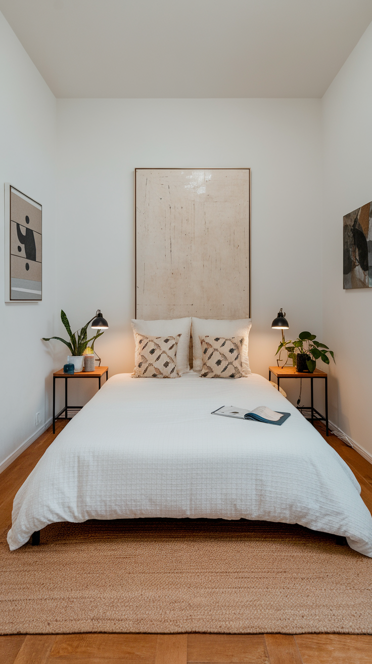 A minimalist bedroom featuring a bed with stylish, compact nightstands on either side.