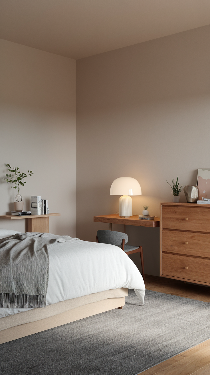 Minimalistic small bedroom with a bed, wooden furniture, and simple decor.