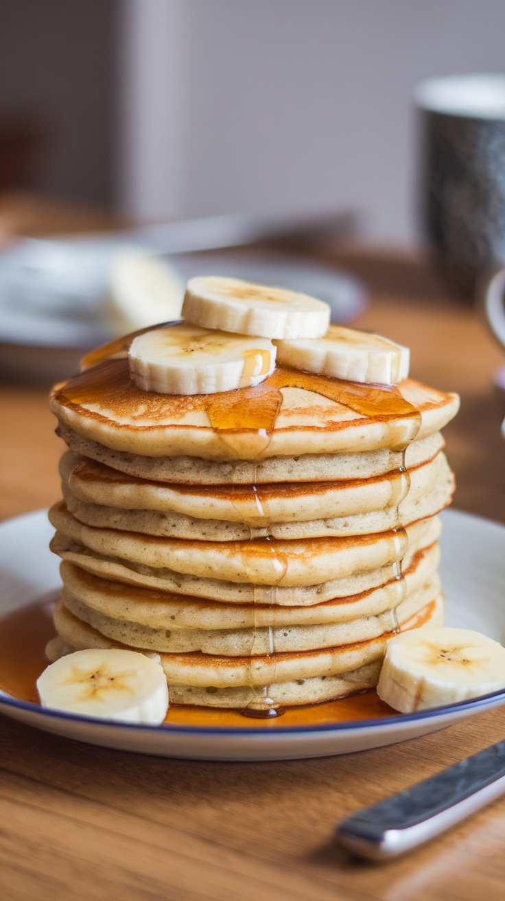 A stack of fluffy banana pancakes topped with sliced bananas and syrup, with bananas in the background.