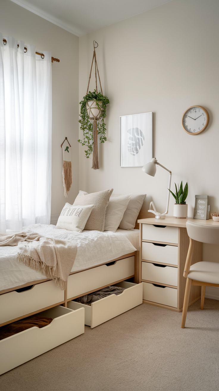 Functional furniture in a minimalistic small bedroom with storage.