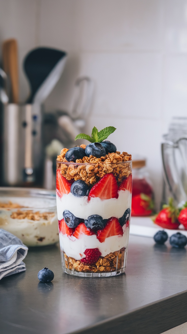 A delicious Greek yogurt parfait layered with strawberries, blueberries, and granola in a glass