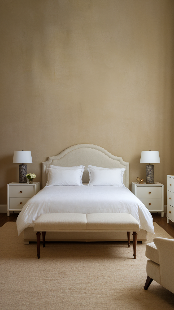 A minimalistic small bedroom with a symmetrical layout featuring a bed, two bedside tables, and matching lamps.