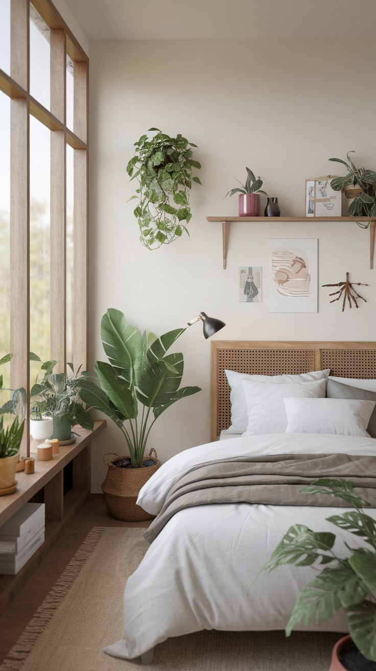 A minimalistic chic bedroom with natural elements like plants and soft linens.