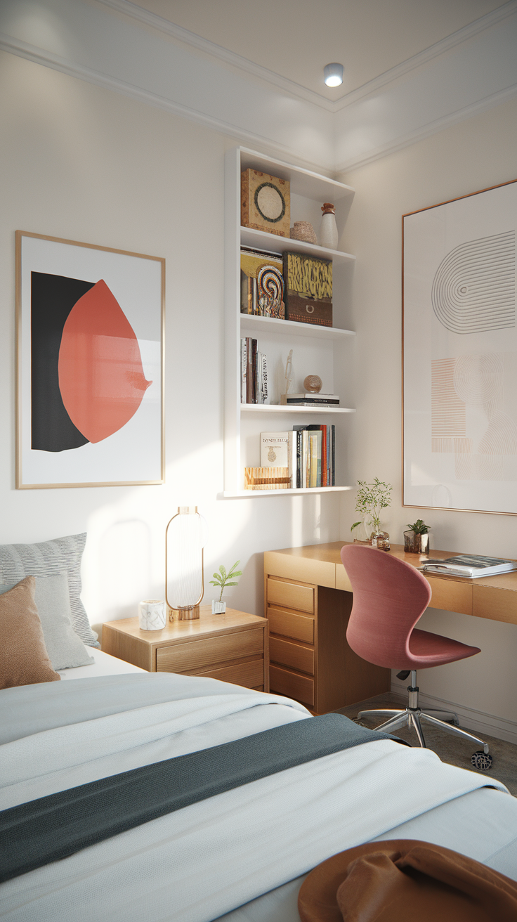 A small bedroom featuring minimalist art and decor