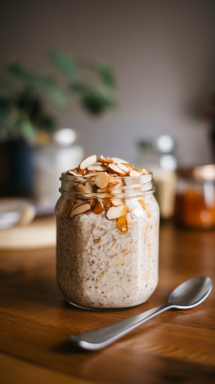 A jar of overnight oats topped with almonds and honey, placed on a wooden table.