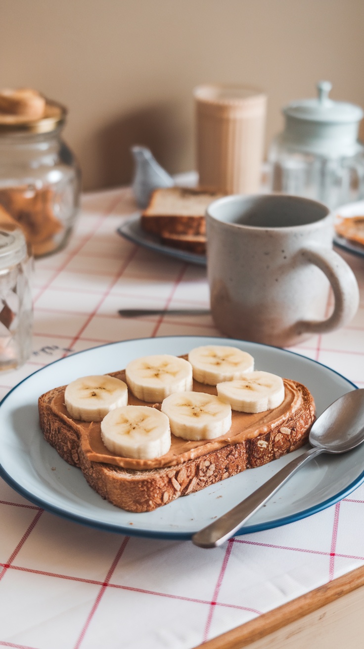 A slice of toast topped with peanut butter and banana slices, with bananas in the background.