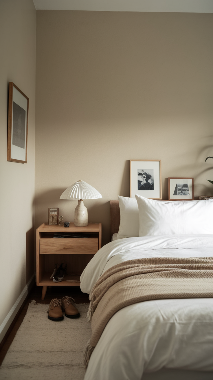 Minimalistic small bedroom with neutral tones, featuring a bed, nightstand, and decorative items.