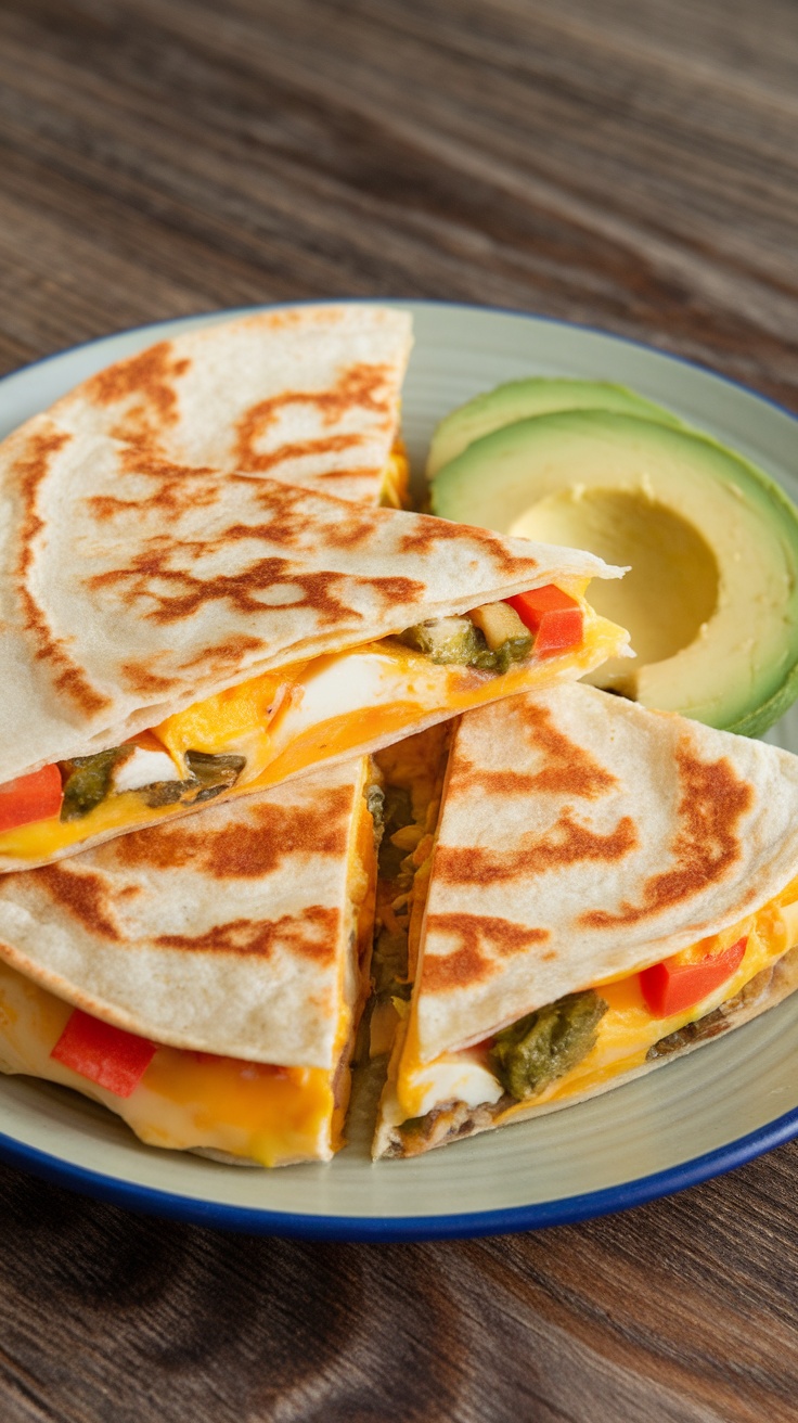 Savory breakfast quesadilla with egg, cheese, and vegetables on a plate.