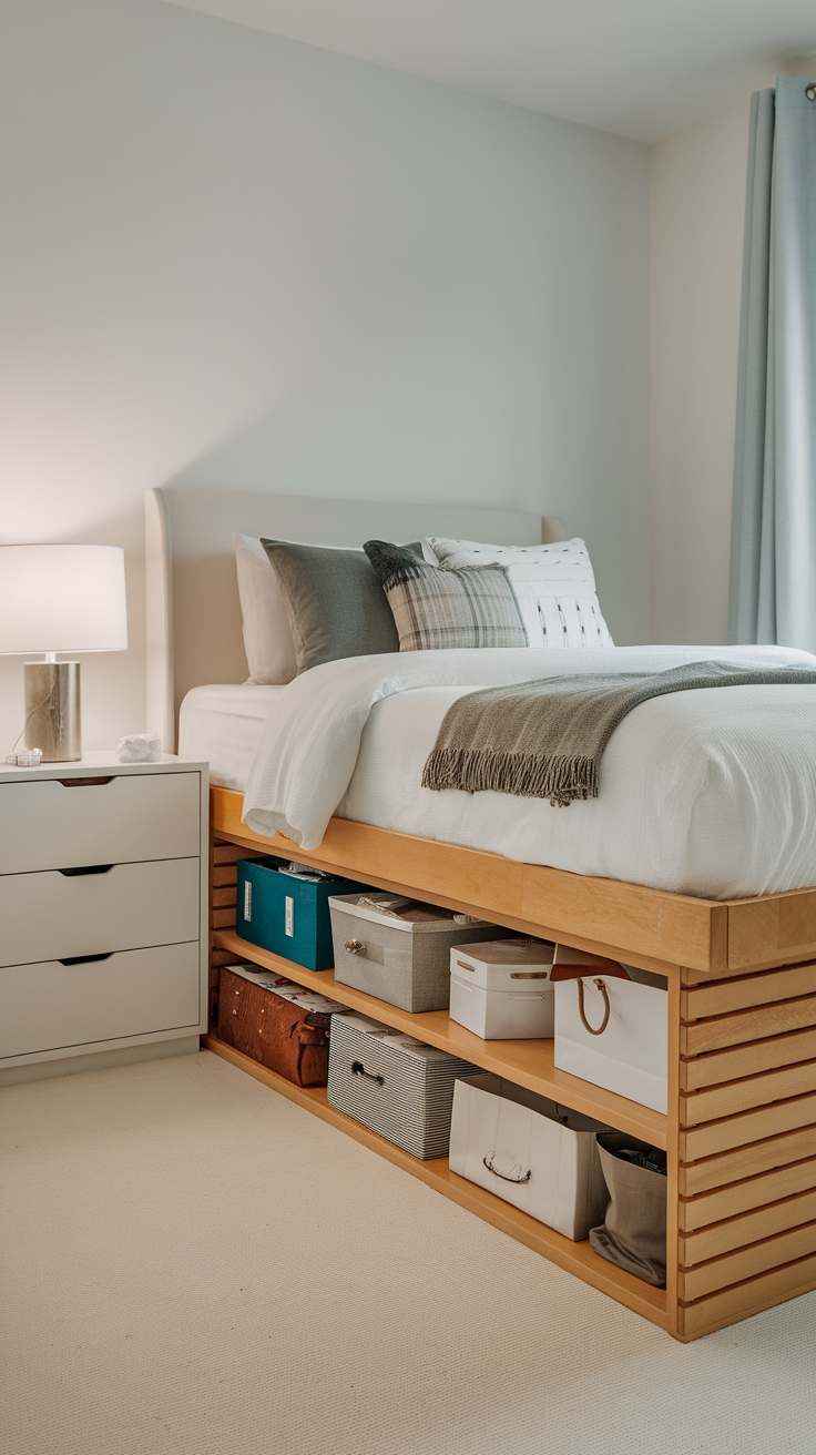 Minimalistic small bedroom with a bed featuring under-bed storage solutions.