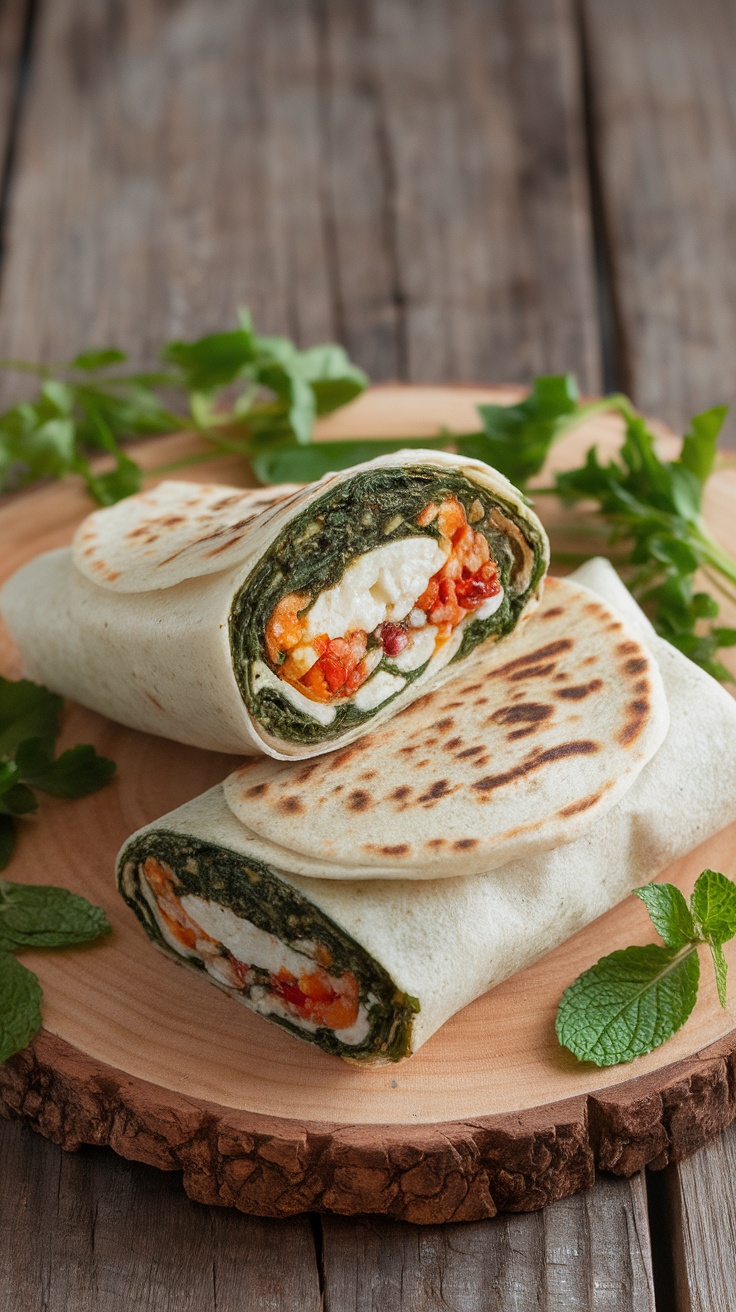 Three spinach and feta breakfast wraps on a wooden cutting board with fresh basil leaves.