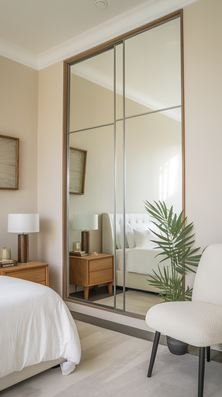 A small bedroom featuring a large mirrored wardrobe, cozy bedding, and stylish decor elements.