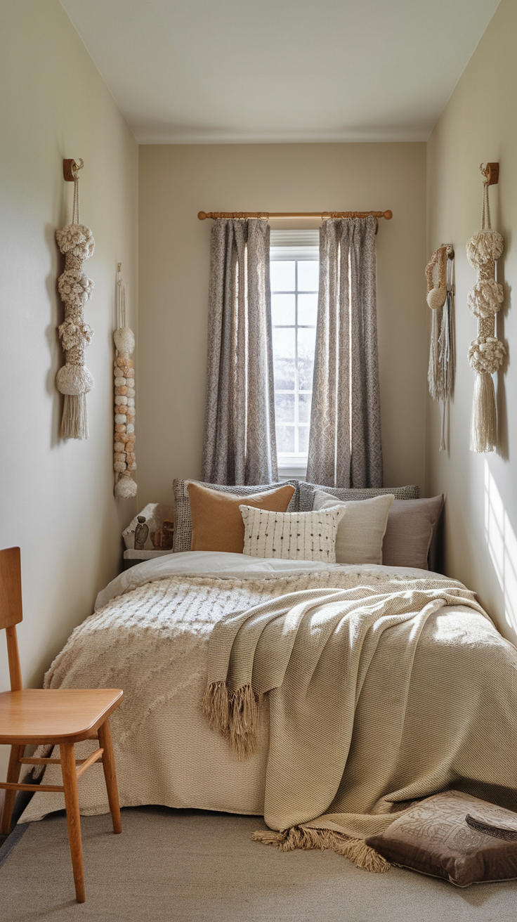 Cozy small bedroom with textured fabrics, neutral tones, and inviting decor.