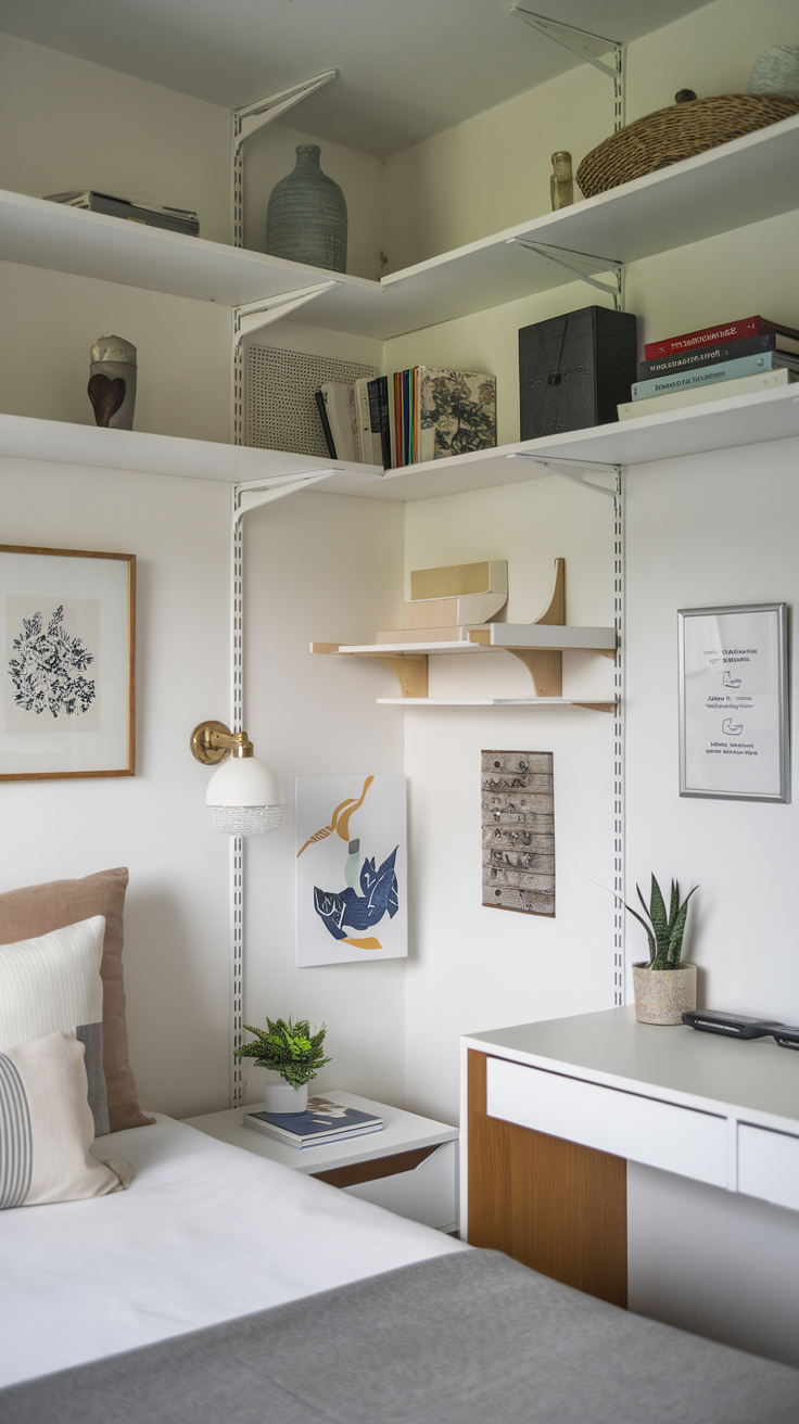 A minimalistic small bedroom with wall-mounted shelves, a bedside lamp, and decorative items.