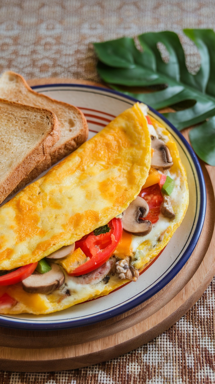 A delicious vegetable omelette filled with cheese, served with colorful diced vegetables and a slice of bread.