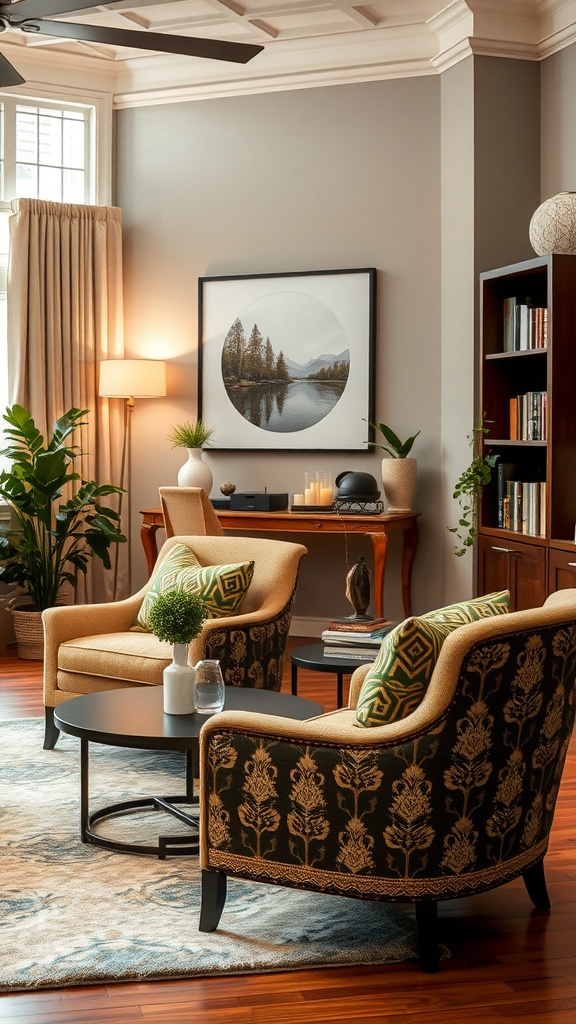 Cozy living room with two accent chairs, a coffee table, and decorative elements.