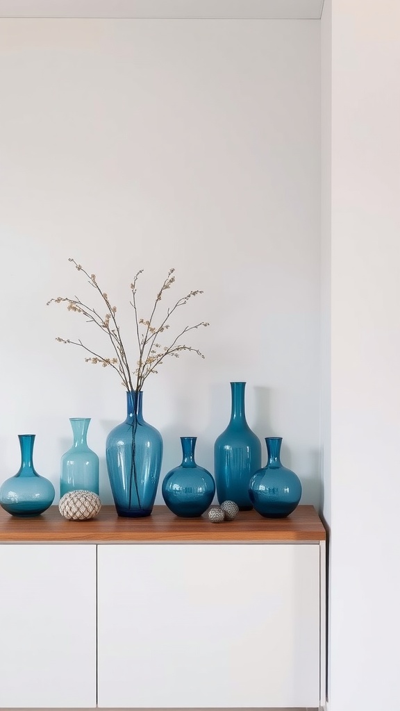 A collection of blue glass vases on a wooden surface with a white background.