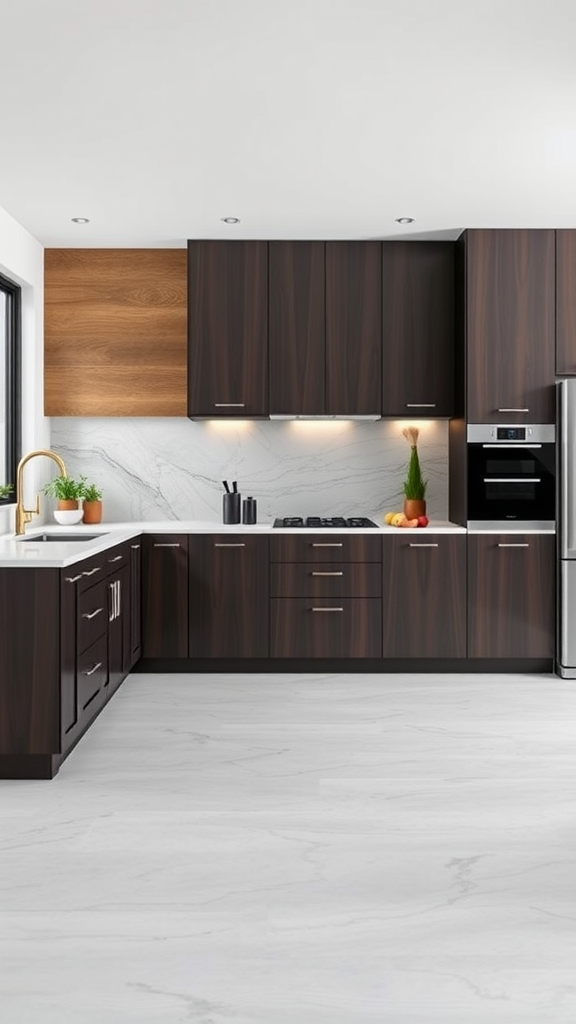 Modern kitchen featuring espresso cabinets with a wood accent wall