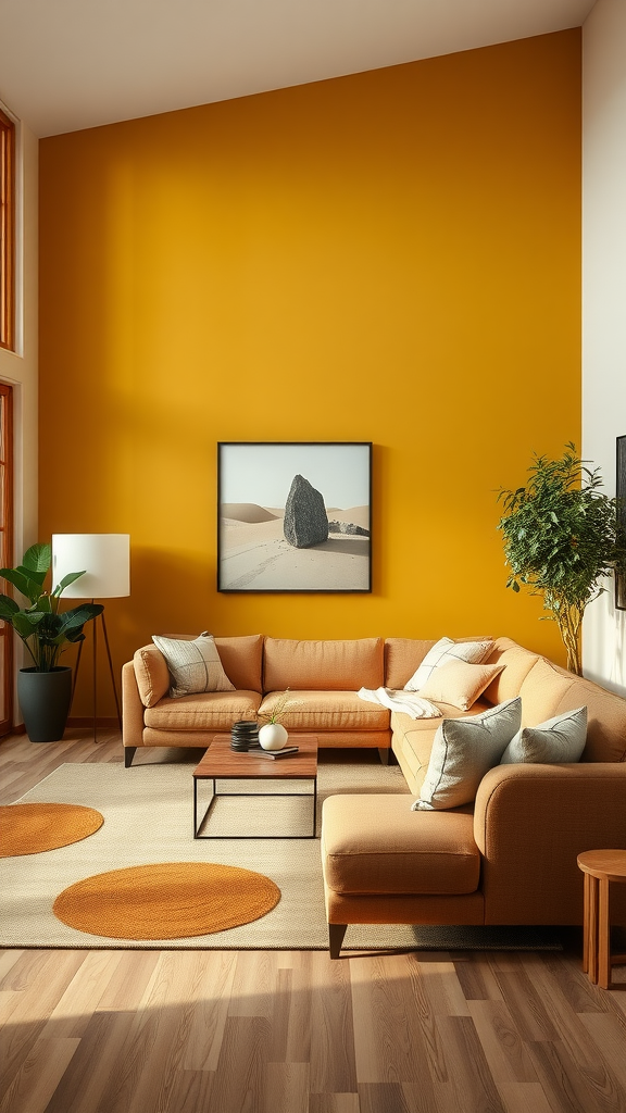 Cozy living room with warm orange accent wall and stylish furniture.