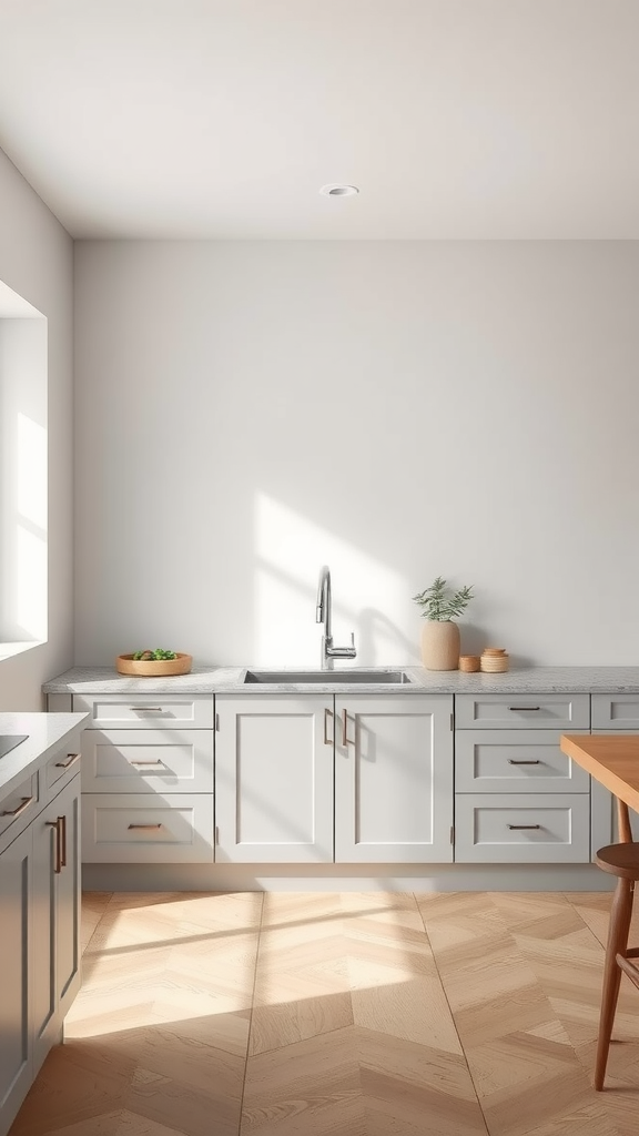 A modern kitchen featuring light gray cabinets, a sleek faucet, and a wooden table, highlighting an accent wall.