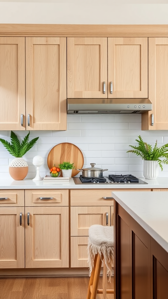 A modern kitchen featuring white oak cabinets with plants and accessories