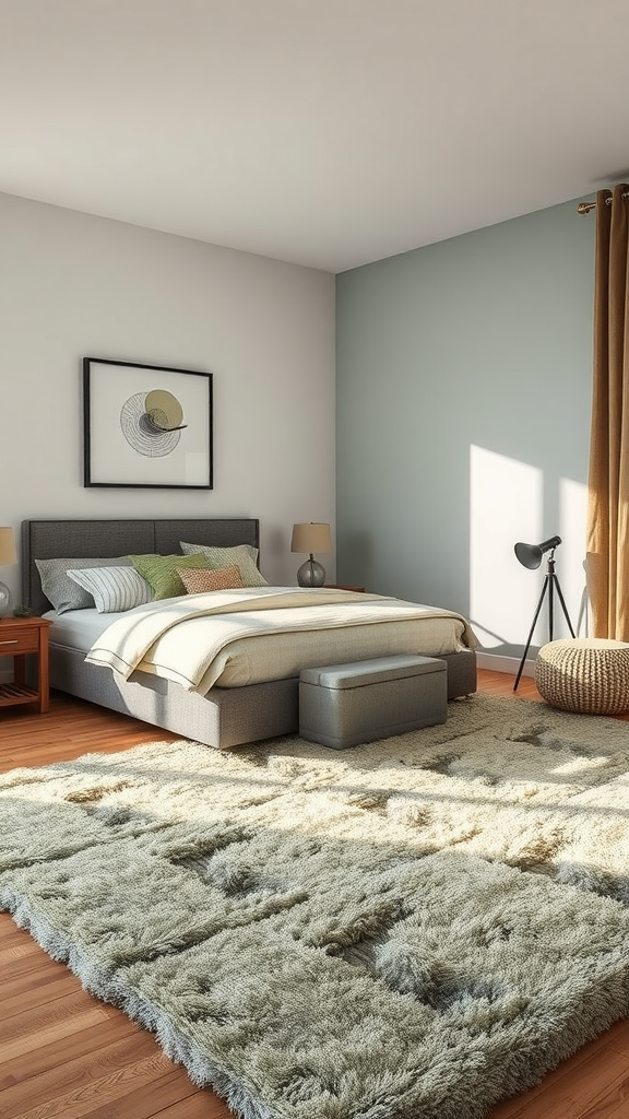 A cozy bedroom featuring a sage green rug, a gray bed, and natural wooden accents.