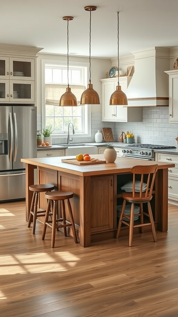 A stylish farmhouse kitchen with a wooden island, stools, and hanging pendant lights.