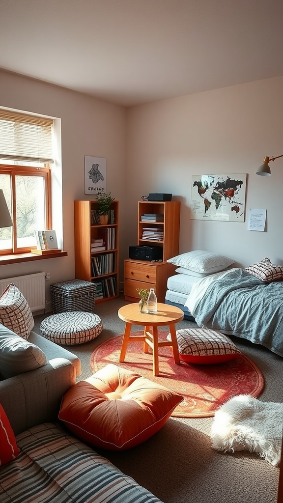 A cozy dorm room with a comfortable seating area, decorated with cushions and a small table.