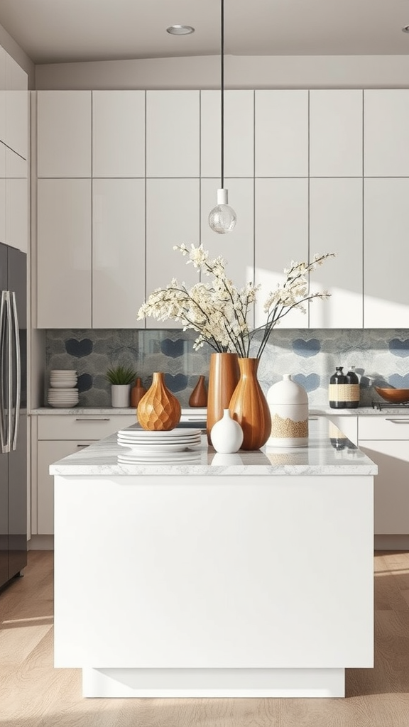 A narrow kitchen island decorated with vases and plates.