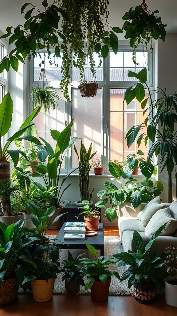 A bright living room filled with various indoor plants, creating a fresh and lively atmosphere.