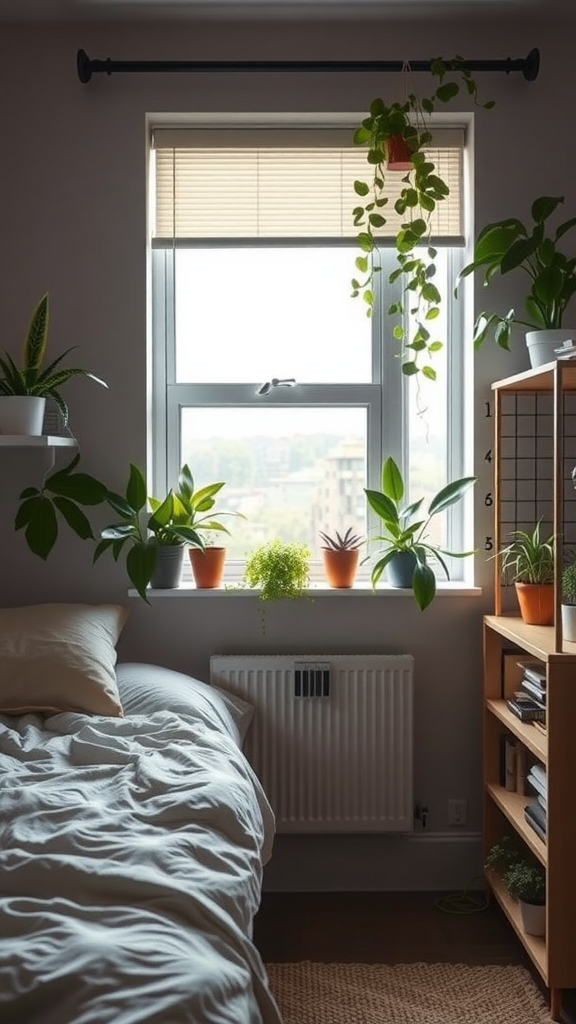 Cozy dorm room with a bed and various indoor plants by the window.