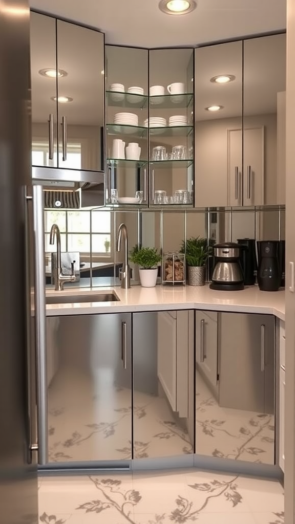 A modern kitchen featuring mirrored cabinets and shelves, creating a sense of depth and space.