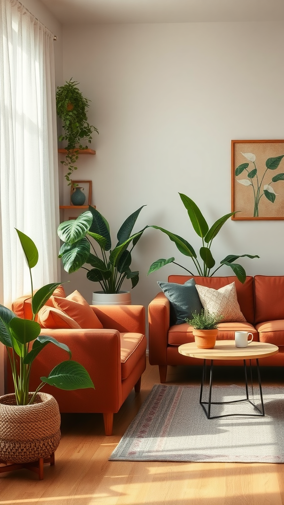 Cozy living room with warm colors and indoor plants.