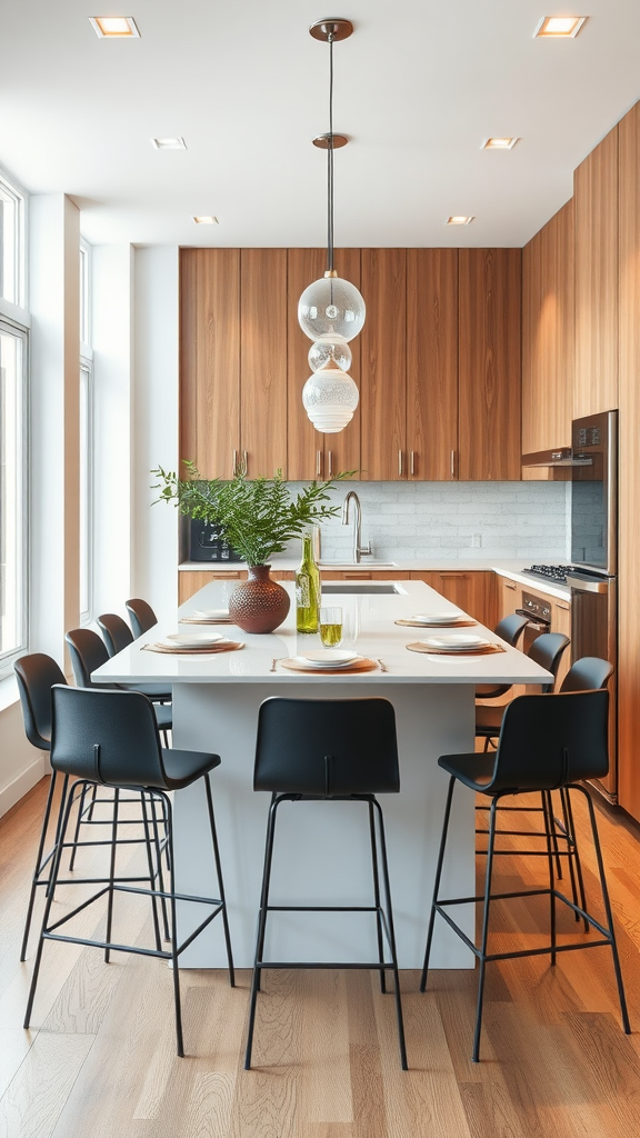 Stylish bar stools around a narrow kitchen island.