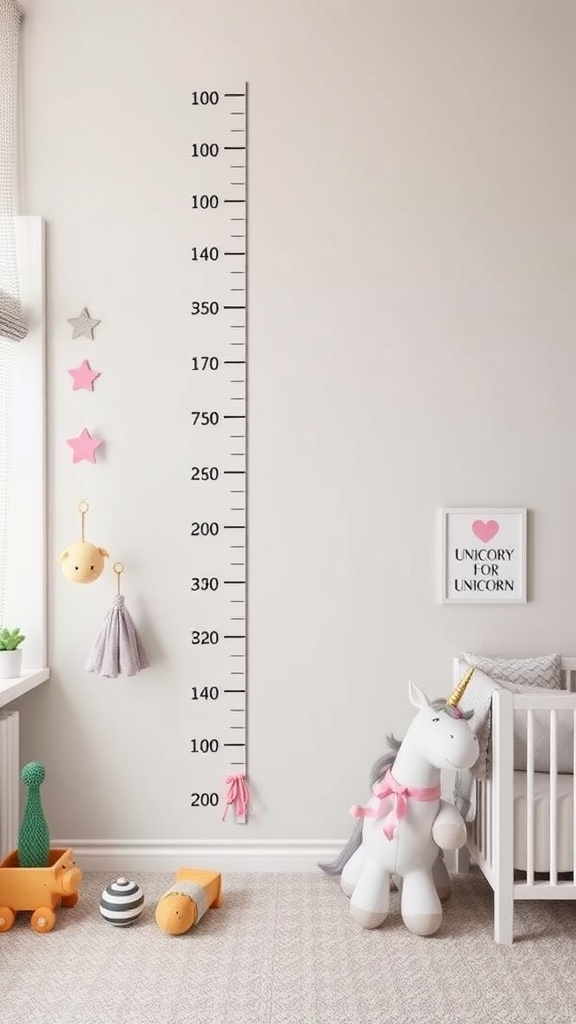 A unicorn-themed growth chart on a nursery wall with a plush unicorn and pastel decorations.