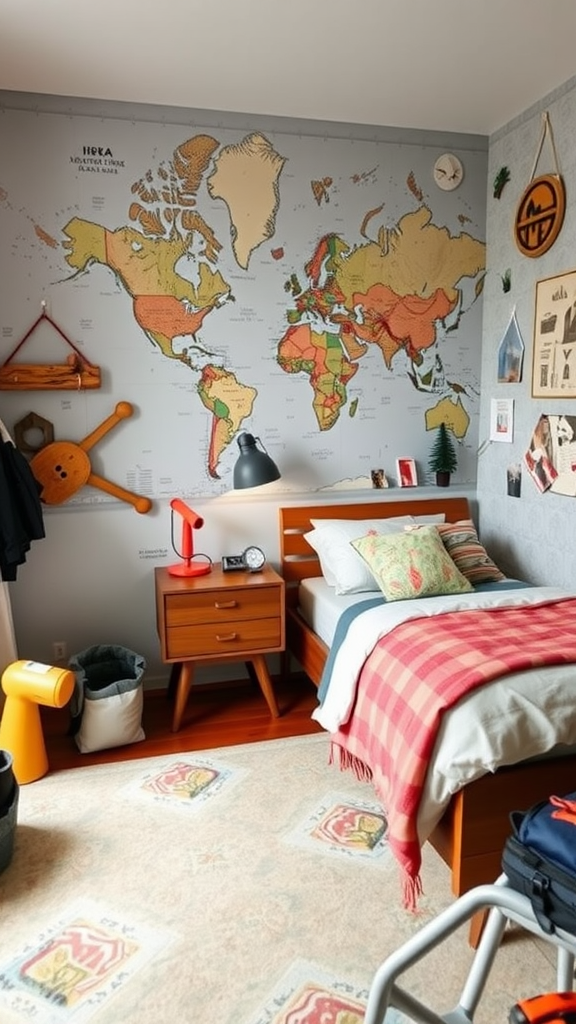 A cozy bedroom featuring a world map on the wall, a bed with a plaid blanket, and adventure-themed decor.