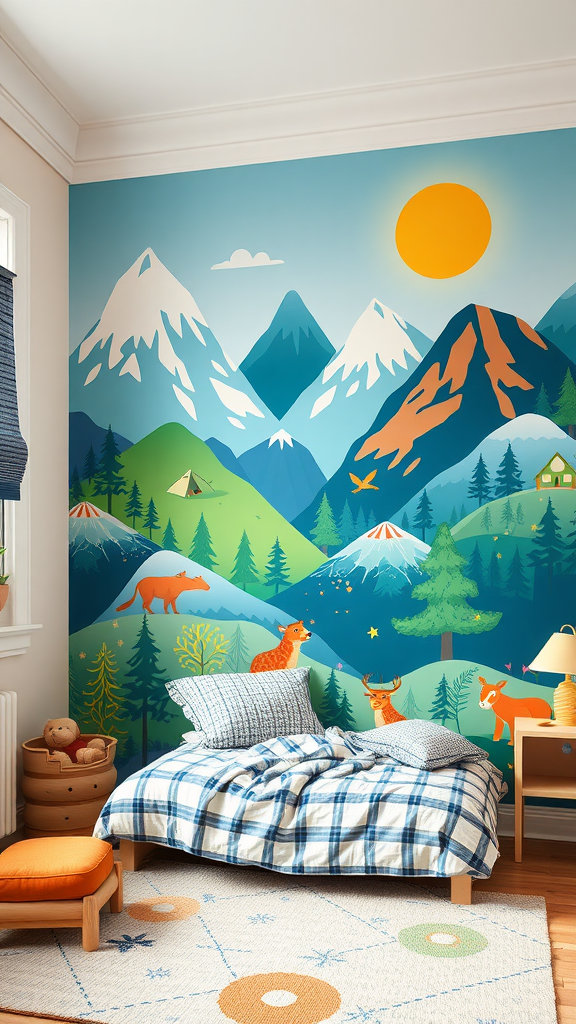 Colorful wall mural of mountains and wildlife in a cozy room