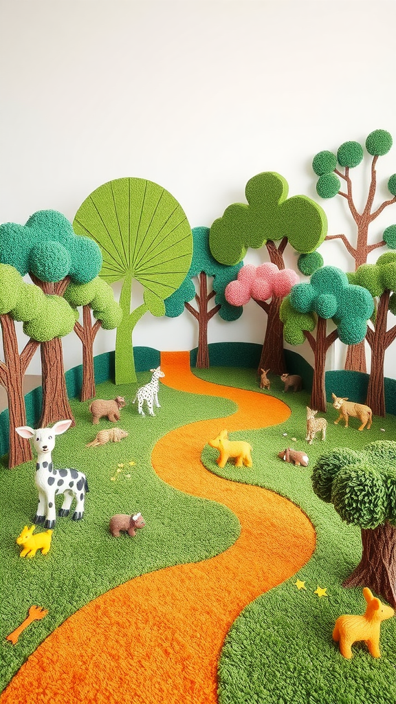 Colorful carpet resembling a forest path with trees and animal figurines