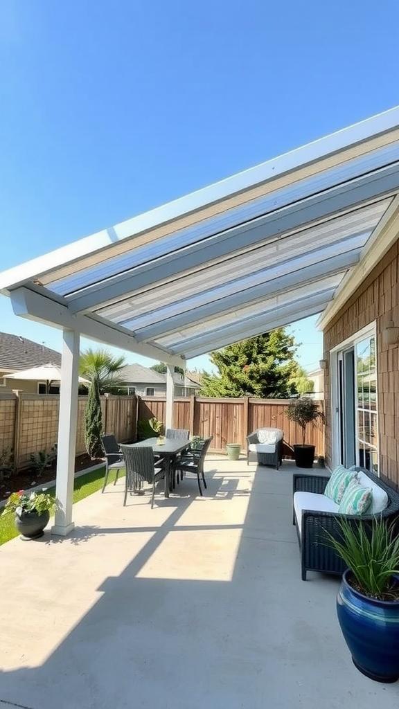 A patio area with an aluminum roof, featuring outdoor furniture and plants.