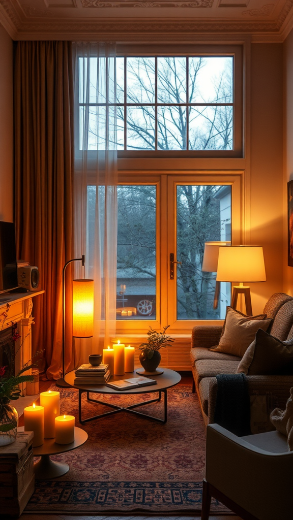 Cozy living room with warm lighting, candles, and comfortable furniture.