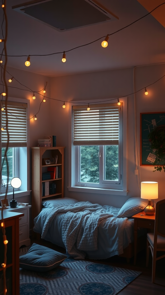 Cozy dorm room with ambient lighting from string lights and lamps