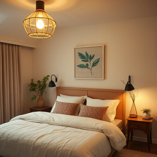 A cozy bedroom with nature-inspired lighting and decor.