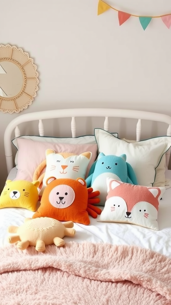 A collection of colorful animal-themed decorative pillows on a bed, featuring a lion, bear, fox, and other cute designs.