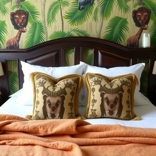 A beautifully made bed with animal print throw pillows featuring leopard and tiger designs.