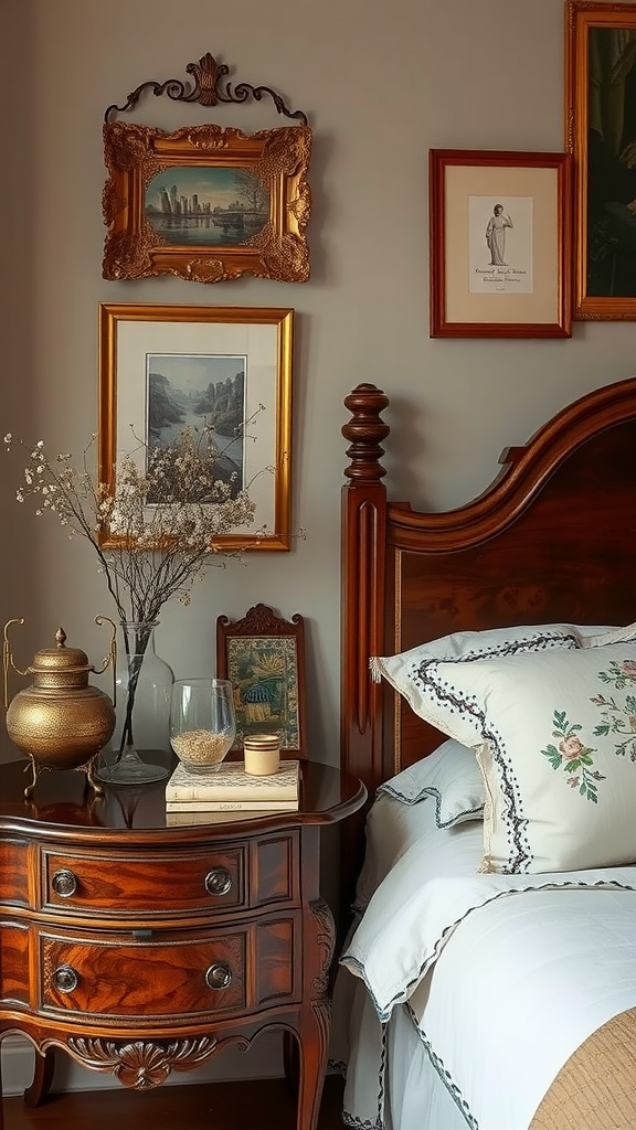 A beautifully arranged bedside table with antique decor, including framed art, a vintage vase, and a wooden nightstand.